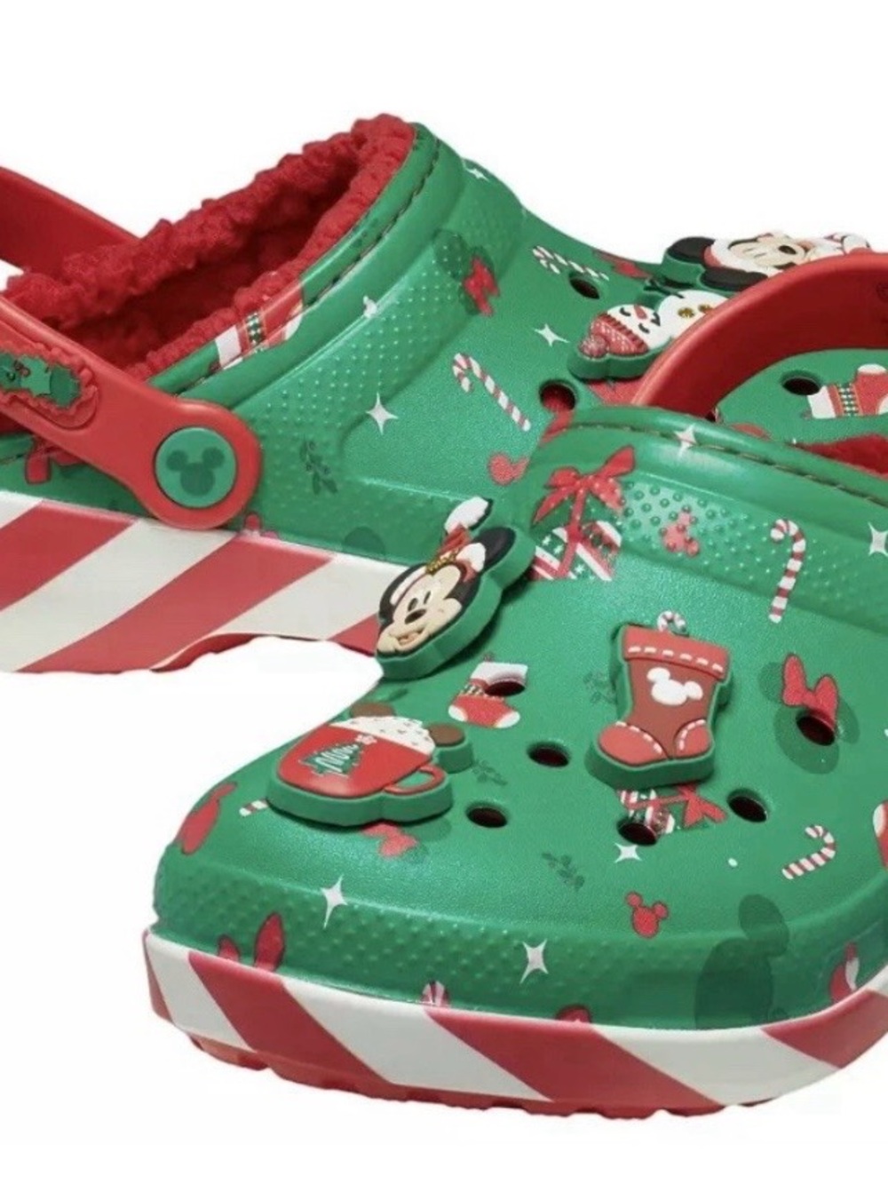 CROCS Disney Mickey Mouse Christmas Red Green Lined Clogs-Womens 6 OR Youth 4 - Picture 2 of 6